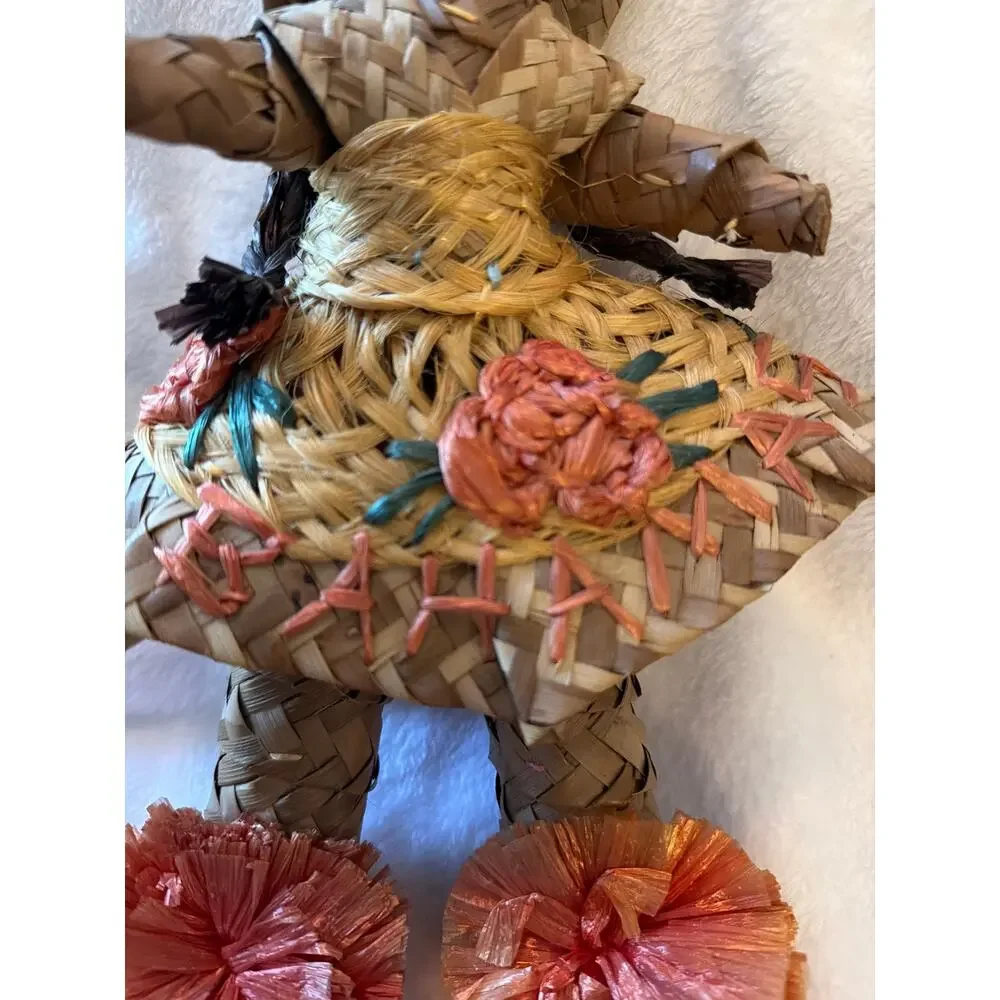 Vintage Handwove Straw Girl Doll Folk Art Raffia Woven Figure Floral Skirt Decor